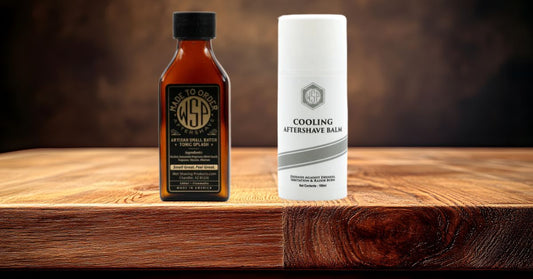 Aftershave splash bottle and balm jar side by side.
