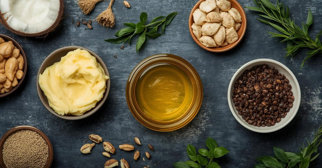 Natural shaving product ingredients including shea butter and oils.