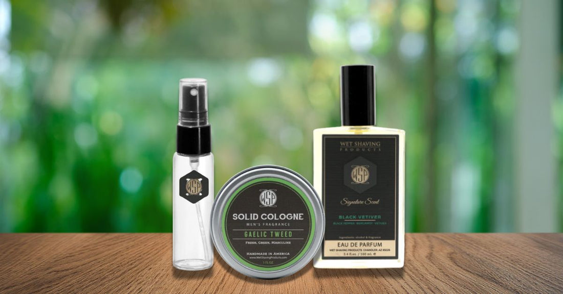 Spray cologne bottle, solid cologne tin, and travel cologne grouped.