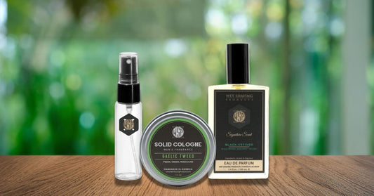Spray cologne bottle, solid cologne tin, and travel cologne grouped.