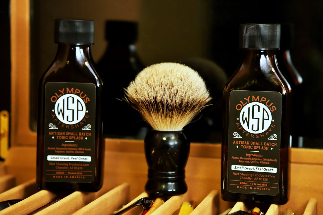 Wet shaving products, Aftershave splash, Olympus fragrance, shaving brush, straight razor case, High-quality ingredients, handmade