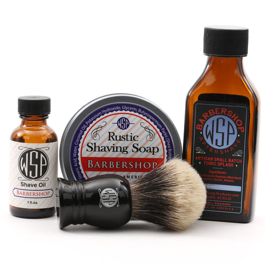 Travel shaving kit with soap, brush, Shave Oil, and splash.