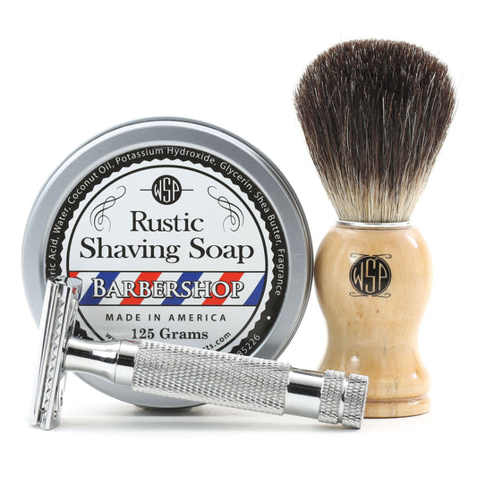 Complete wet shaving starter kit with razor, brush, and soap.