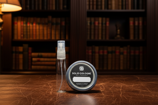 Scented products on a leather surface with a bookshelf background