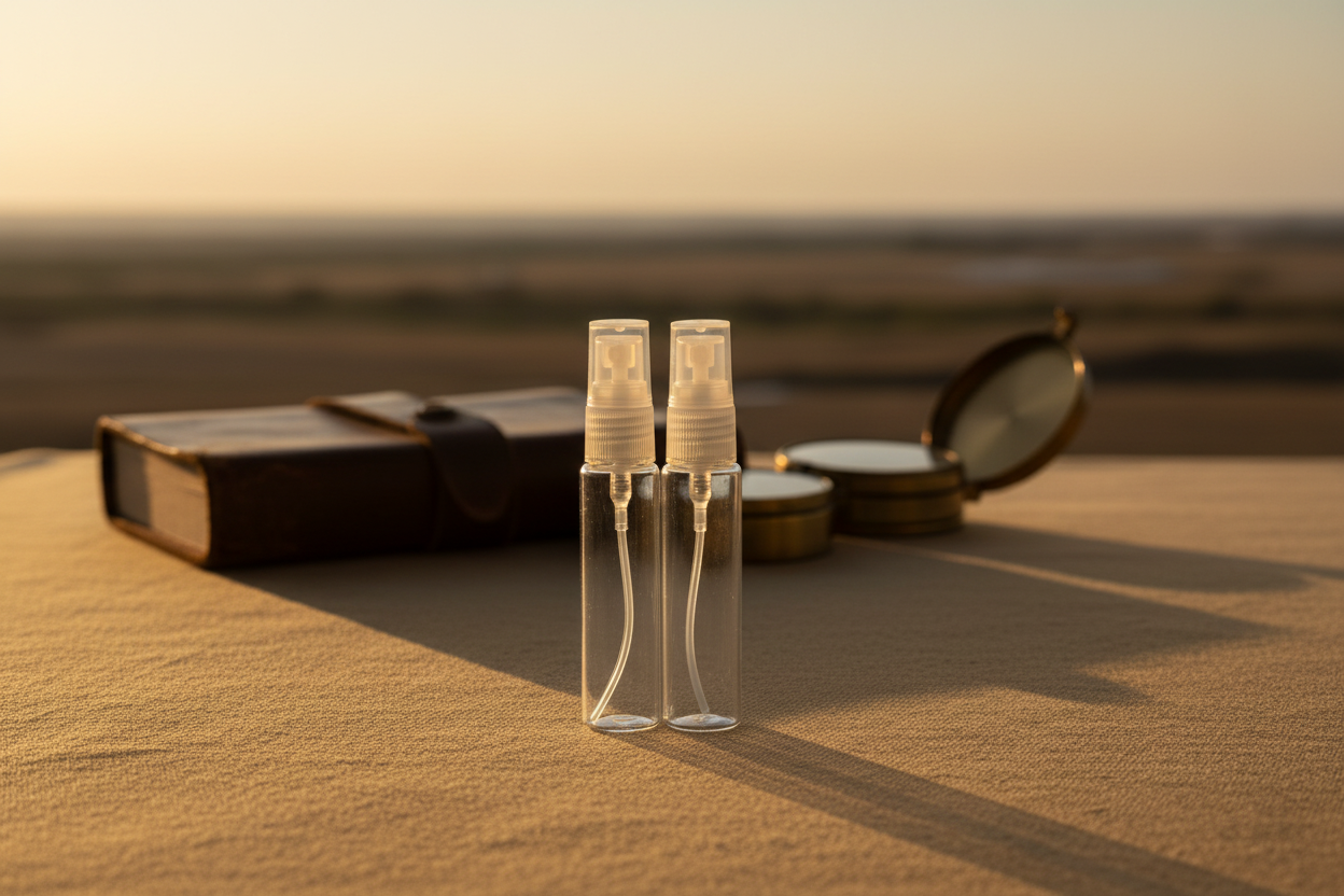 Two clear spray bottles on a sandy surface with a book and compass in the background.