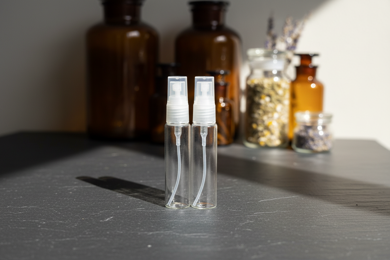 Two small spray bottles with white nozzles on a dark surface with brown glass bottles in the background.