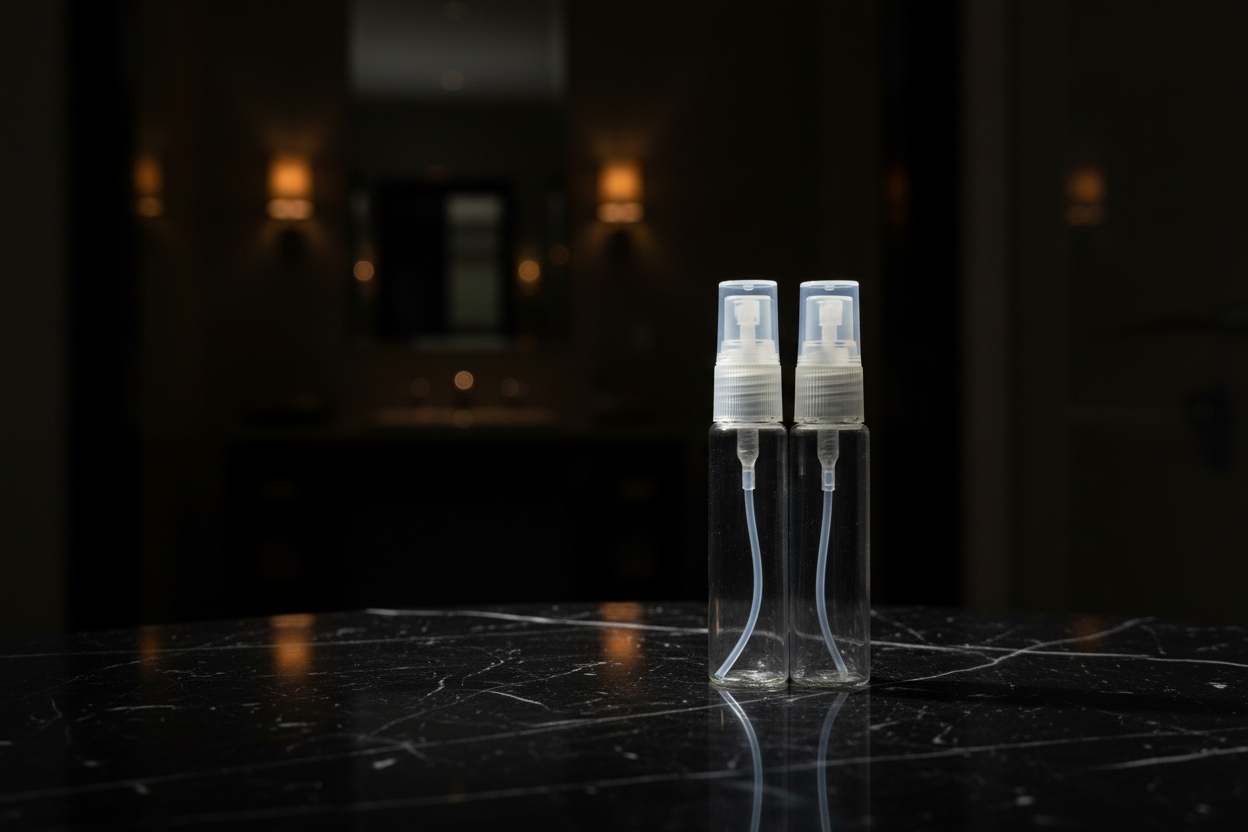 Two clear spray bottles on a dark marble surface with a blurred background