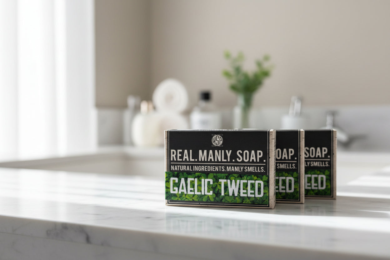 Three bars of soap in boxes labeled 'Real Manly Soap' on a bathroom counter.