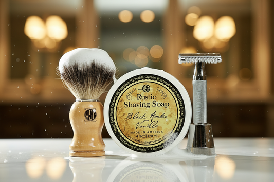 Shaving brush, rustic shaving soap, and safety razor on a bathroom counter.