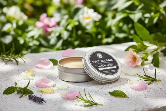 Flora & Bloom Solid Cologne – Botanical & Floral Travel Fragrance resting on a textured white stone surface, surrounded by soft scattered flower petals and fresh green leaves, bright natural sunlight filtering through foliage creating dappled light shadows, blurred background of a lush blooming garden, airy, fresh, botanical style, macro photography, high resolution.