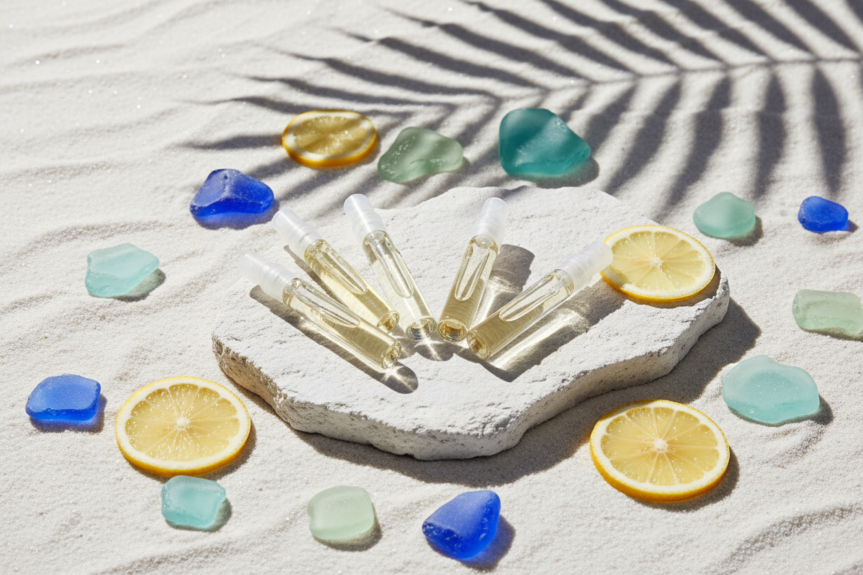 5 small glass perfume sample vials, white sand or light stone surface, bright sunlight, sea glass and fresh lemon slices nearby, tropical leaf shadow, airy, refreshing, high key lighting, crisp focus.