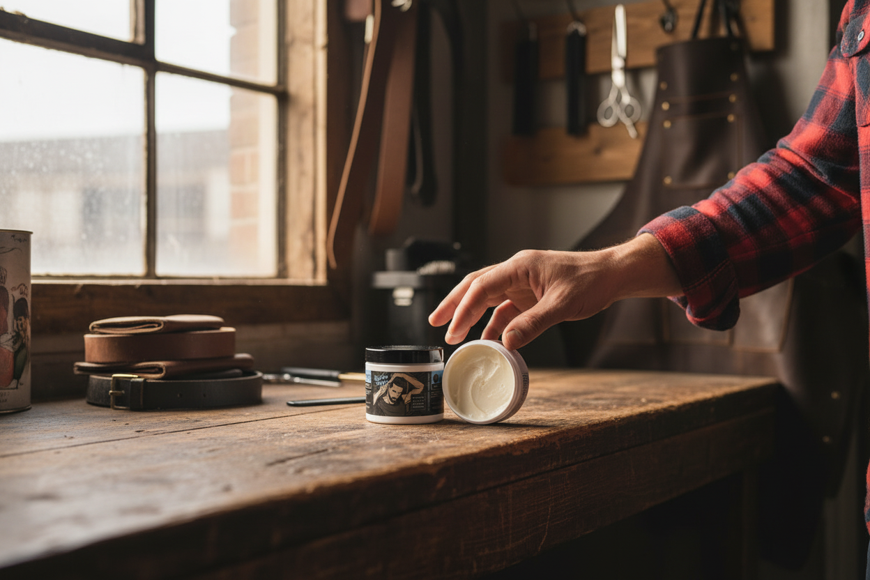 A cinematic, high-detail product photograph of an open jar of matte hair texture paste sitting on a distressed wooden workshop bench. A man's hand with rolled-up flannel sleeves is reaching for the jar. In the background, out of focus, are elements of a grooming workshop: leather goods, metal tools, and natural light streaming through a warehouse window. The mood is rugged, capable, and premium.
