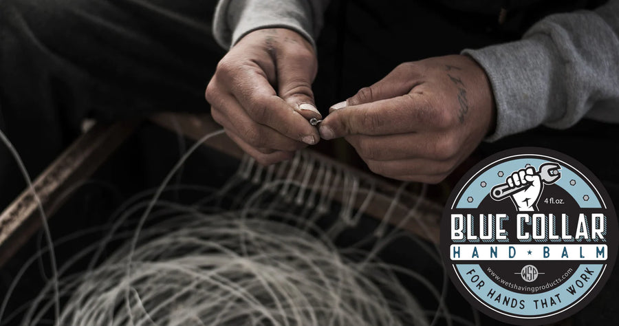 Man's hands stringing fishing line, highlighting the need for Blue Collar Hand Balm