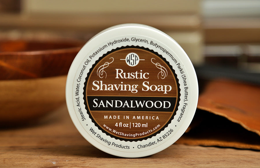 WSP small round container on table Sandalwood Rustic Shaving Soap