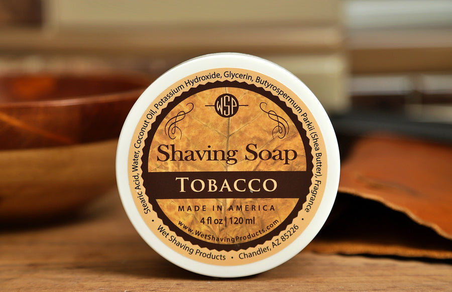WSP small round container on table Tobacco Shaving Soap