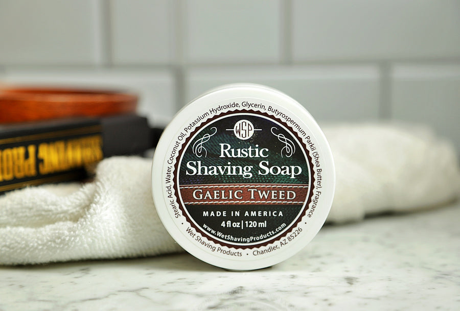 WSP small round container on table Gaelic Tweed Shaving Soap