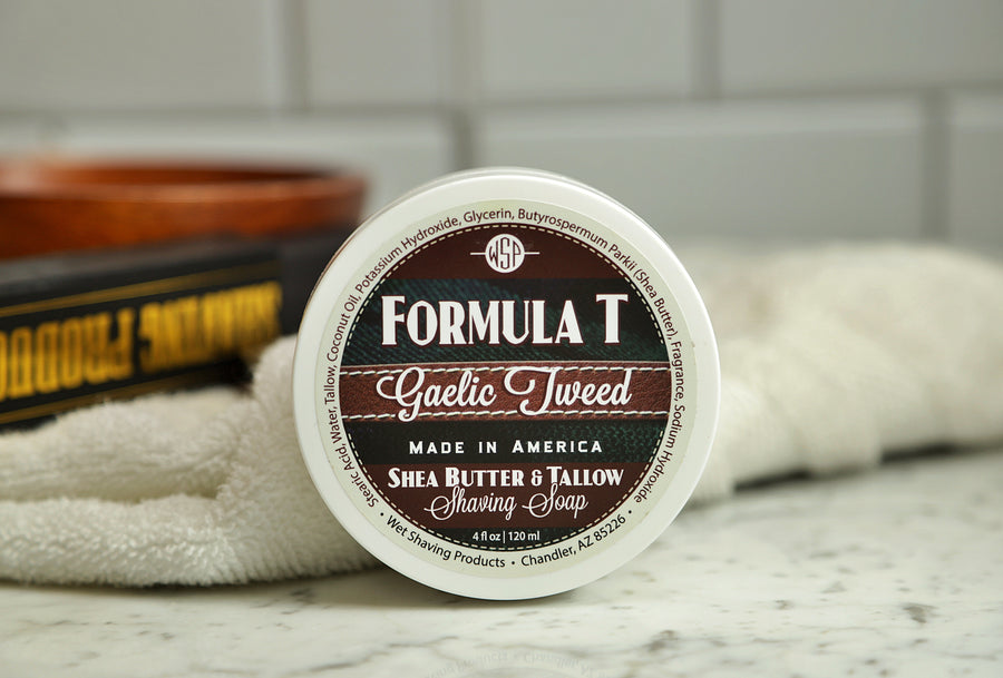 WSP small round container on table Gaelic Tweed Formula T Shaving Soap