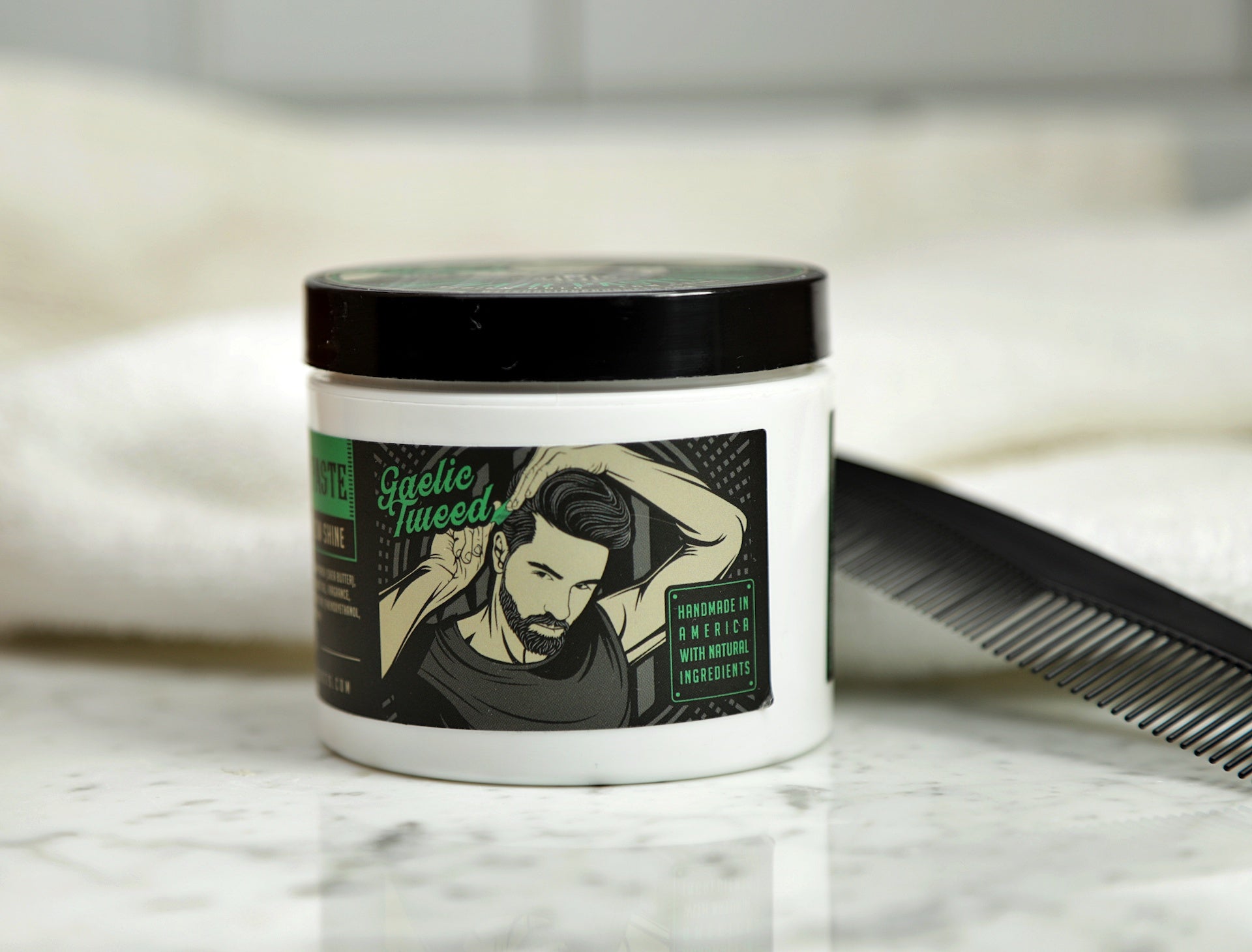 Front view of hair paste tub in Gaelic Tweed Scent'.