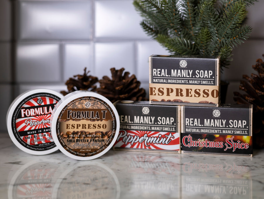 set of 3 boxes of manly soap and 2 shaving balms
