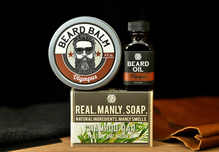set of 3 manly shaving products beard oil, bar soap, and beard balm