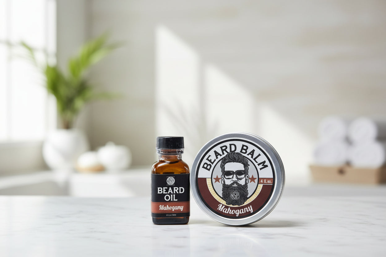 Bottle of beard oil and tin of beard balm on a white background