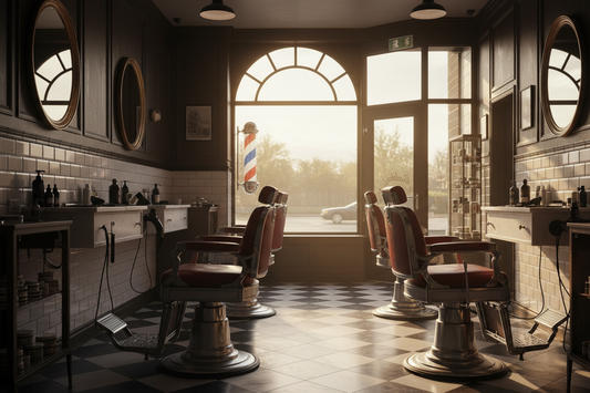 Interior view of a classic traditional barbershop empty in the early morning, sunlight streaming through a front window illuminating chrome fixtures, clean white subway tiles on the wall, and a vintage leather barber chair, clean, timeless, masculine atmosphere, photorealistic.