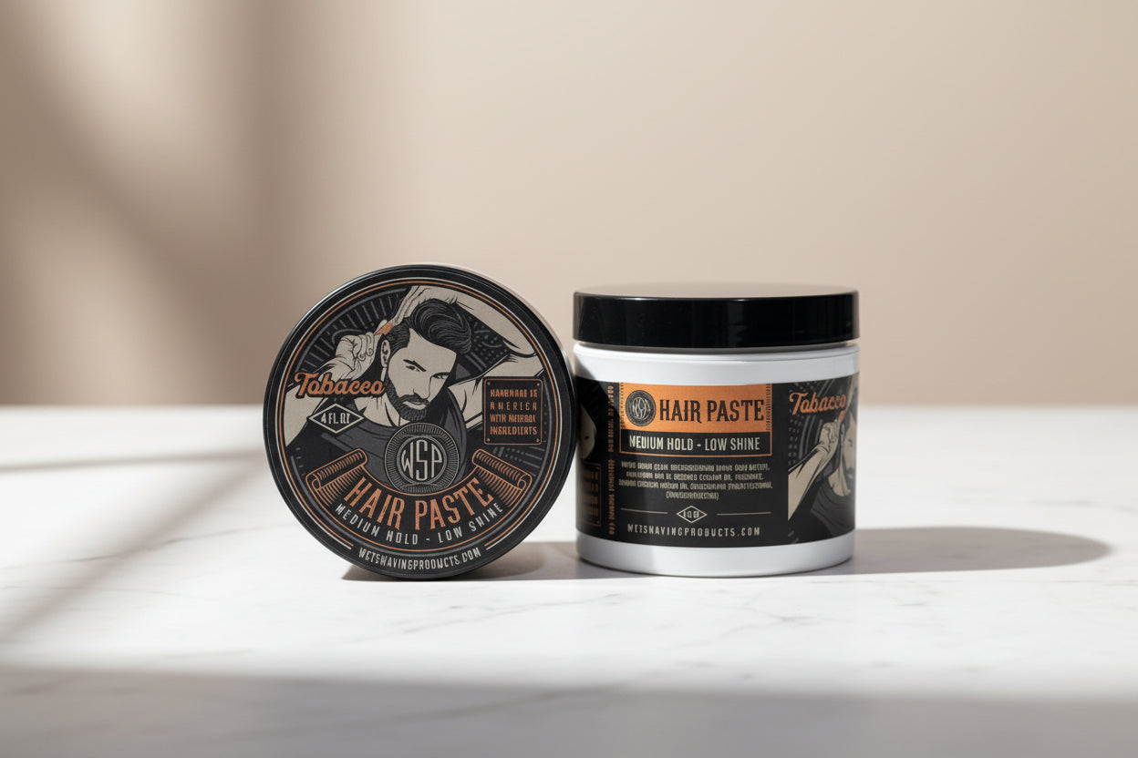 Two Hair paste jars sitting on a clean, polished white Carrara marble surface with faint grey veining, bright clean morning light from the left, out of focus pale neutral background, premium spa atmosphere, sharp focus on the product.