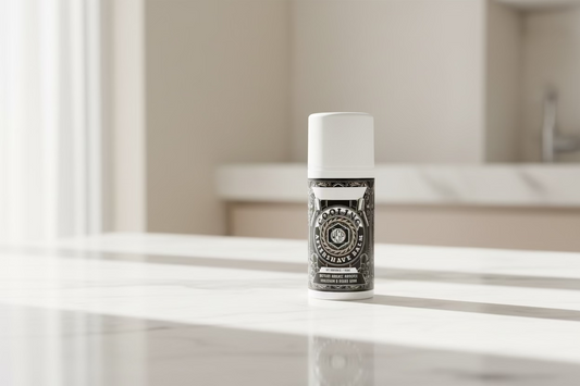 WSP Cooling Aftershave Balm on a bathroom shelf with a neutral background