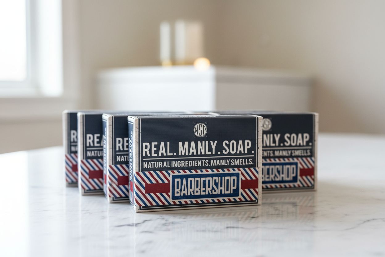 Real Manly Soap packaging on a marble surface with a blurred background