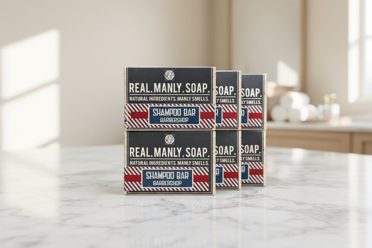 barbershop scented shampoo bars on a marble surface in a bathroom