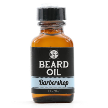 Wet Shaving Products' 1 fl oz amber bottle of Barbershop-scented vegan beard oil, a natural beard conditioner for clean beard care.