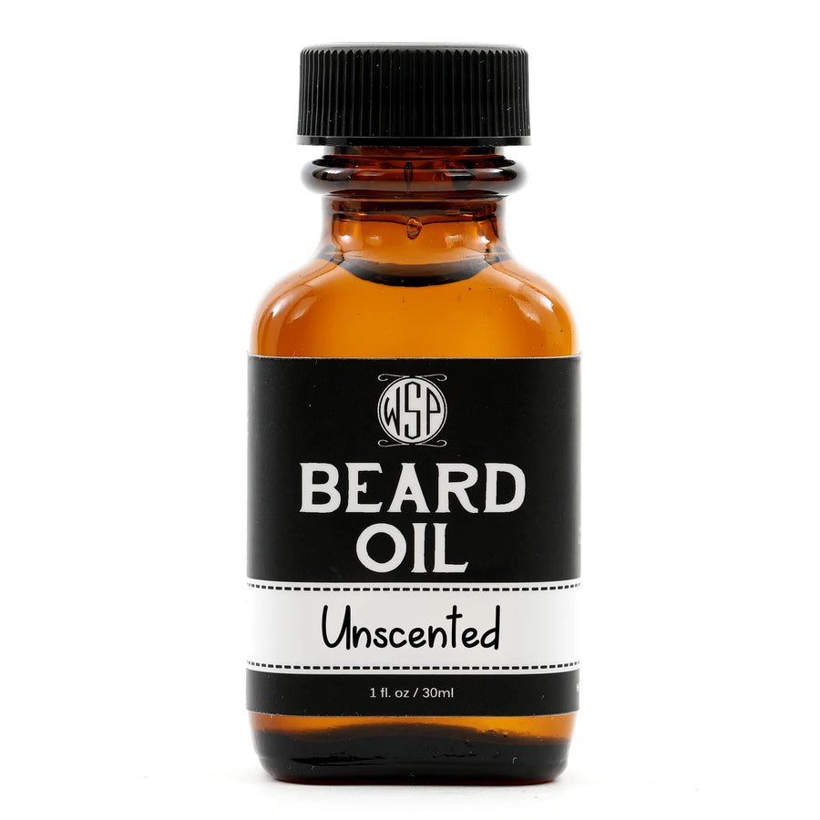 Wet Shaving Products' 1 fl oz amber bottle of Unscented vegan beard oil, a natural beard conditioner for clean beard care.