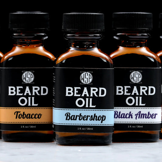 Wet Shaving Products' 3 Pack of 1 fl oz amber bottle of vegan beard oil, a natural beard conditioner for clean beard care - Tobacco, Barbershop, and Black Amber.