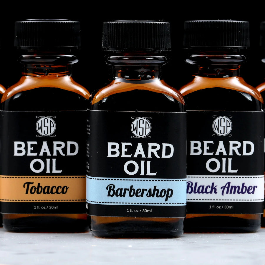Wet Shaving Products' 3 Pack of 1 fl oz amber bottle of vegan beard oil, a natural beard conditioner for clean beard care.