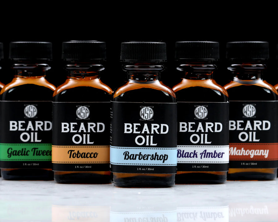 Wet Shaving Products' 5 Pack of 1 fl oz amber bottle of scented vegan beard oil, a natural beard conditioner for clean beard care.