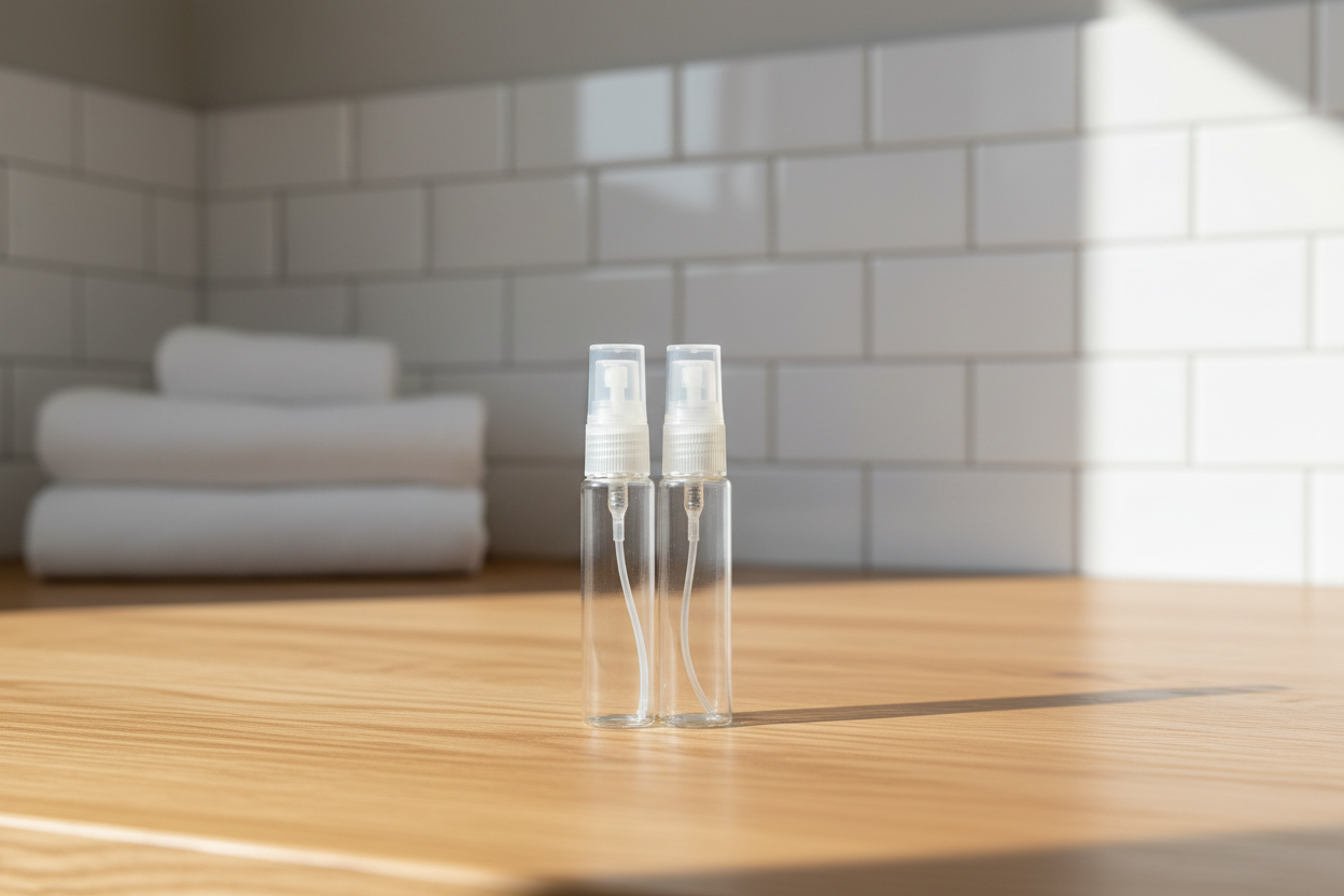 Two clear plastic bottles with white caps on a wooden surface with a tiled wall background.