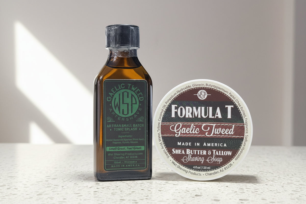 Bottle and container of Gaelic Tweed Formula T shaving products on a surface.