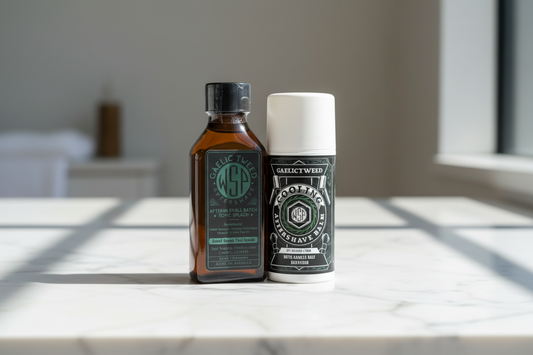 Two bottles with labels on a light surface, possibly a table or countertop.