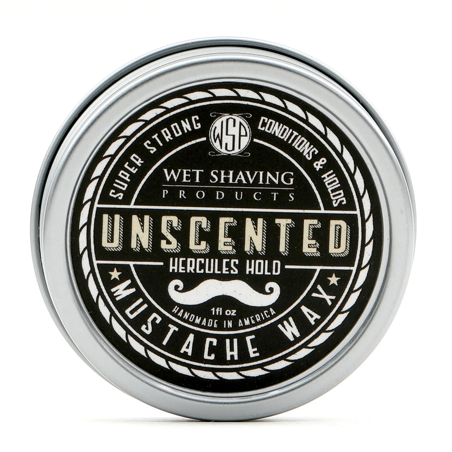 Front view of Hercules Hold Mustache Wax tin with 'Unscented' label.
