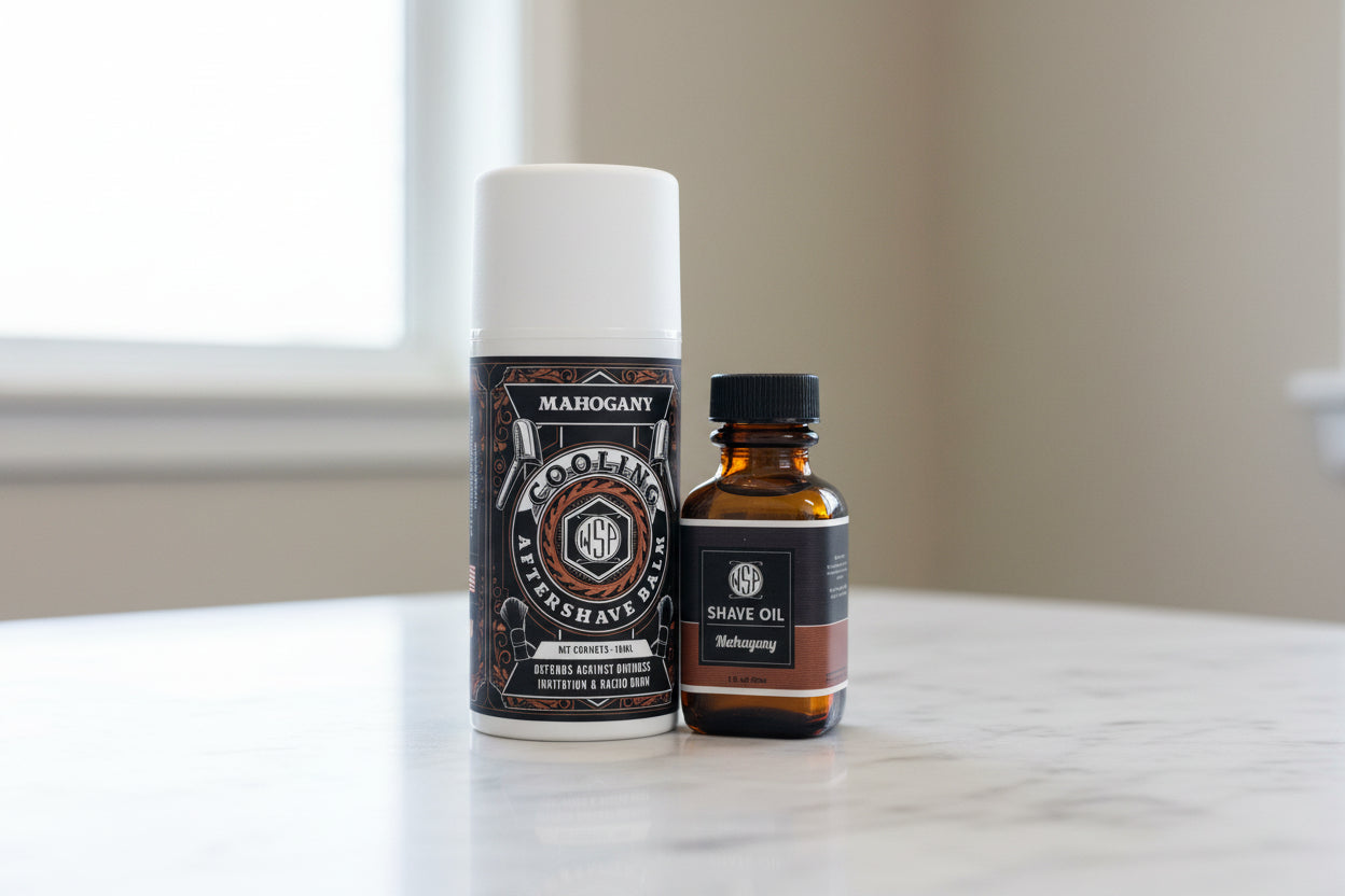 Two bottles of shaving products on a marble surface with a neutral background