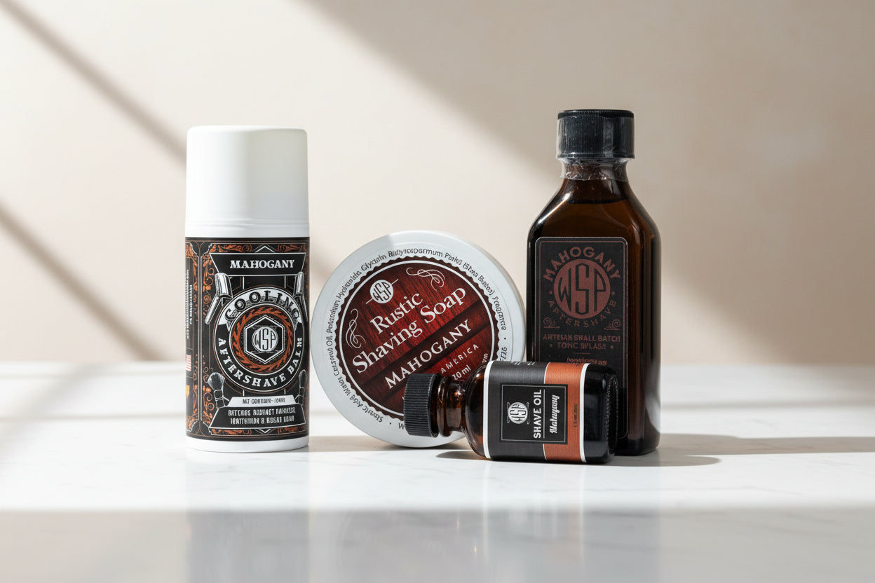 Collection of Mahogany shaving products on a wooden surface.