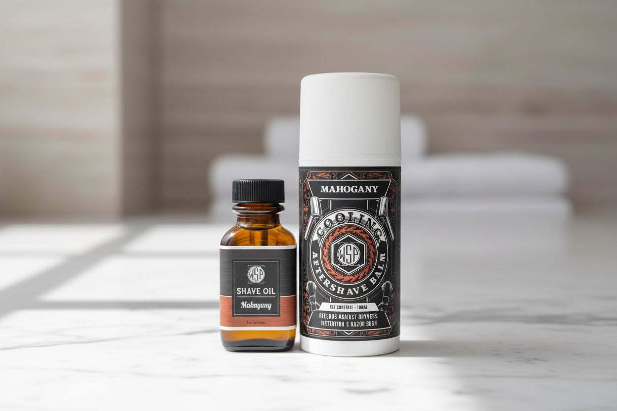 Shave oil and after-shave balm on a countertop with a blurred background