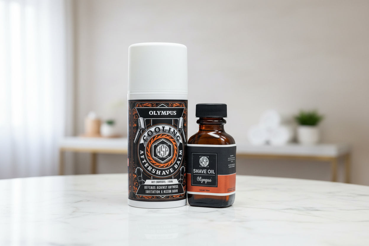 Two shaving products, an aftershave balm and a shave oil bottle, on a marble table with a blurred background.