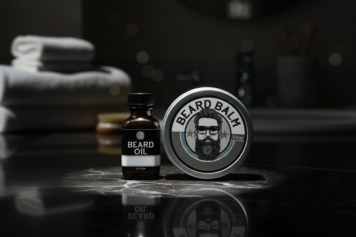 Beard oil and balm on a reflective surface with blurred background
