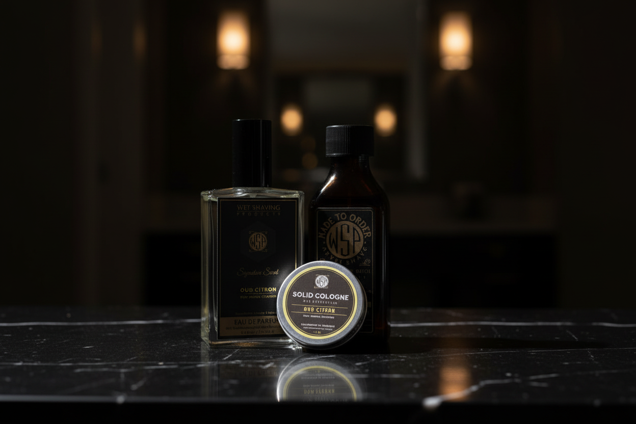 Two bottles of cologne and a jar on a dark surface with a blurred background