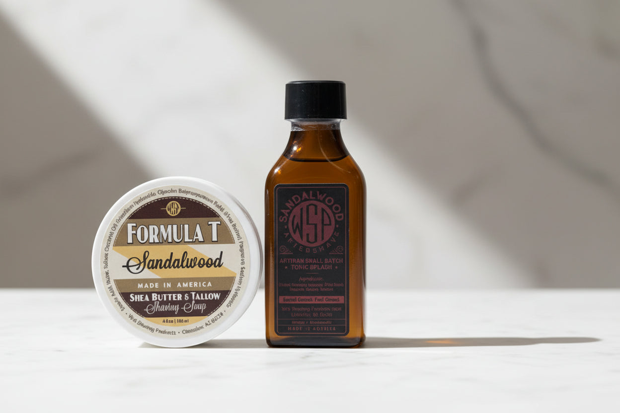 Formula T Sandalwood shaving soap and aftershave bottle on a white background