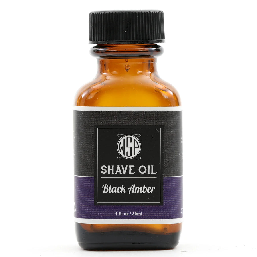 Small brown bottle of Black Amber shave oil