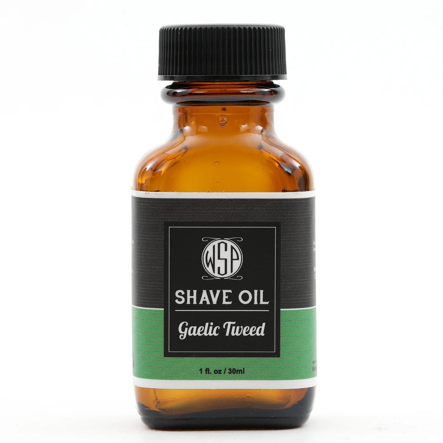 Small brown bottle of Gaelic Tweed shave oil