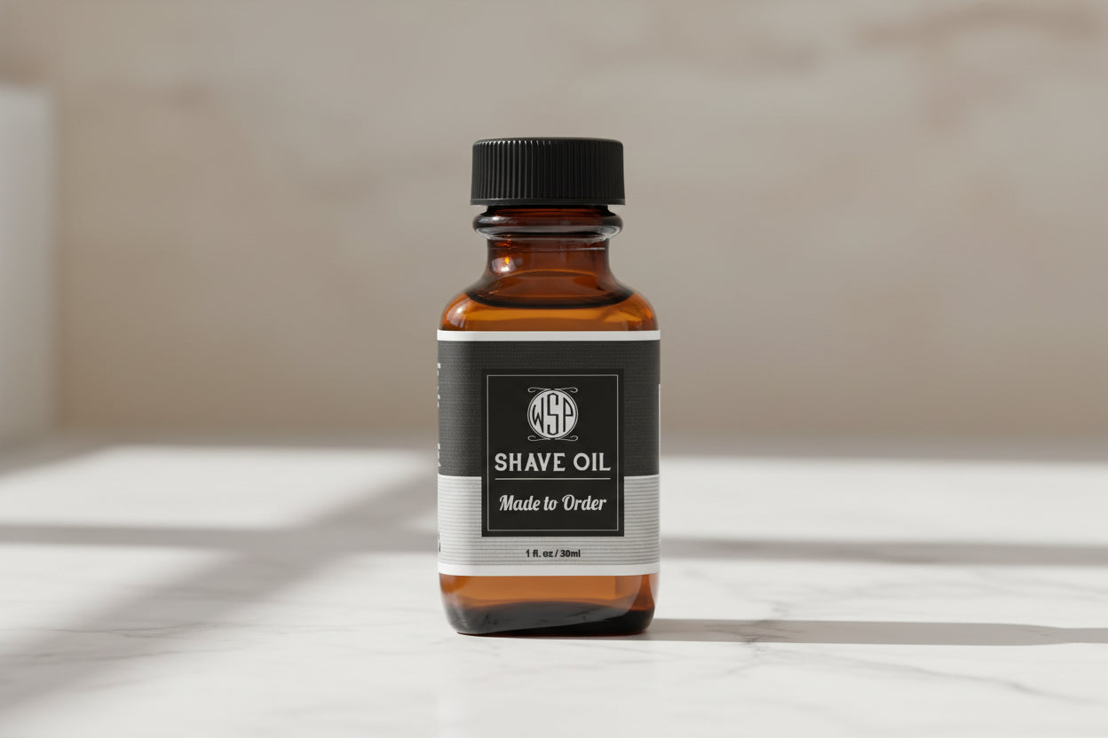 shave oil Sitting on a clean, polished white Carrara marble surface with faint grey veining, bright clean morning light from the left, out of focus pale neutral background, premium spa atmosphere, sharp focus on the product.