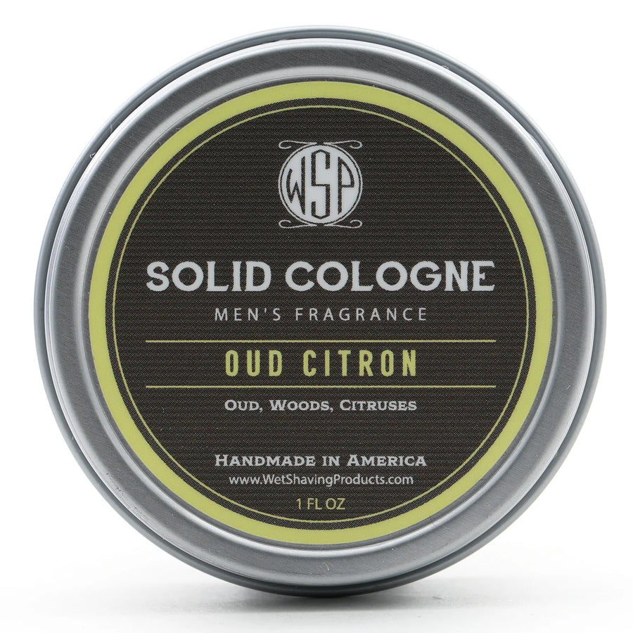 WSP Signature Solid Cologne - Oud Citron scent in a closed 1 oz tin.
